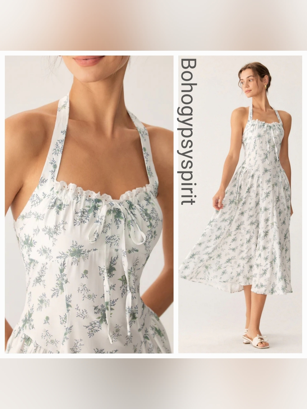 NWT Rihoas Green Floral Ruched Lace Halter Midi Dress, Medium